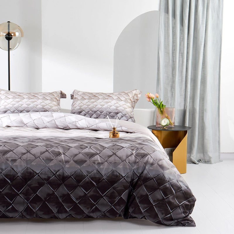 MILDLY 100% Long-Staple Cotton Duvet Cover Set Gray Beige Geometric Pattern Printed Comforter Cover 3pcs, Ultra Soft & Breathable Bedding Set - Image 1